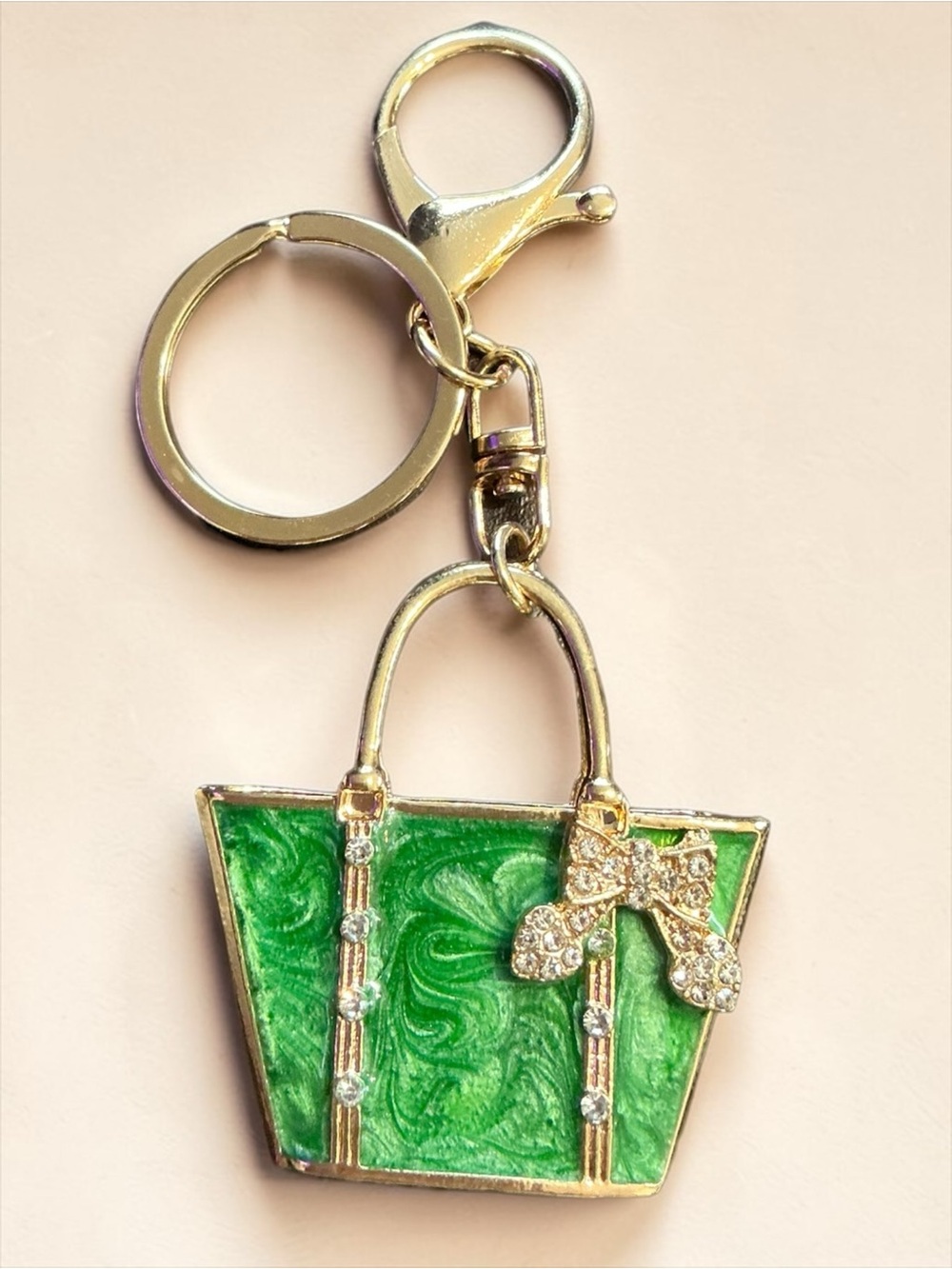 Mini Green Tote Bag Charm Keychain Purse Charm Gold Tone NWT